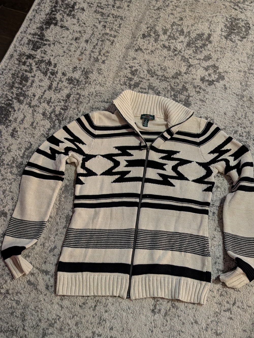 Lauren Ralph Lauren Cream and Black Aztec Striped Knit Zip Cardigan